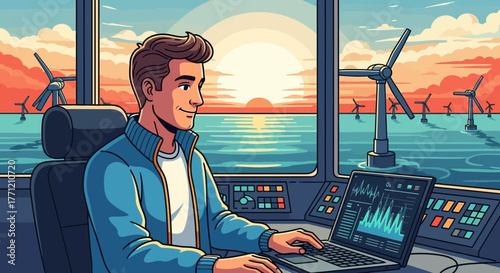 Cartoon Character Monitoring Offshore Wind Farm Performance with Laptop Interface
