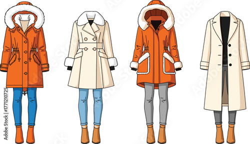 Winter fashion, coat styles, parka outfit, trench coat, overcoat look, seasonal clothing, boots pairing, vector art, fashion design, cold weather
