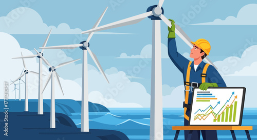 Sustainable future: engineer maintaining wind turbines for clean energy production