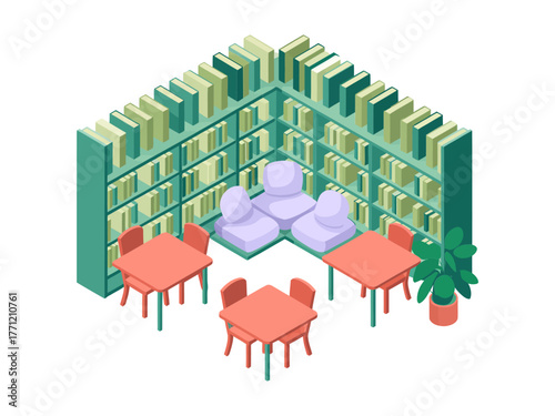 Isometric library reading corner, tall bookshelves with cushions, small tables and chairs, cozy study space, vector illustration