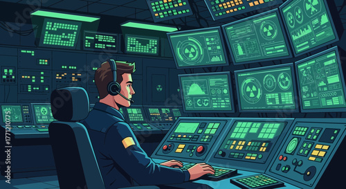 Vigilant system operator managing complex data on multiple digital displays