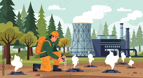 Environmental scientist monitoring the impact of industrial emissions on the landscape