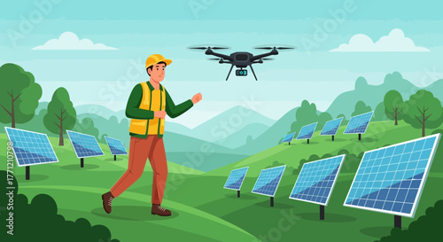 Technician managing solar farm inspection using drone technology for optimized energy production