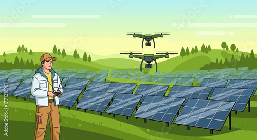 Drones inspect solar panel farm under pilot control for sustainable energy oversight