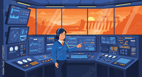 Illustration of a female engineer monitoring a hydroelectric dam control room during sunset