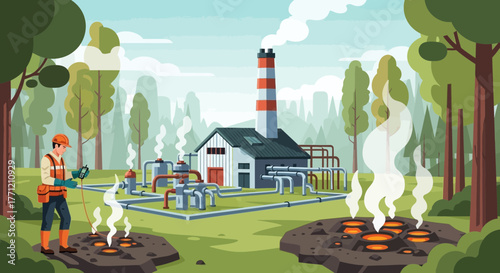 Industrial landscape with gas emissions monitoring and environmental protection