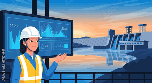 Engineering professional presenting data insights at a hydroelectric power plant