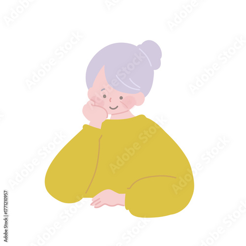 フラットイラスト　笑顔で頬杖をついているシニアの女性