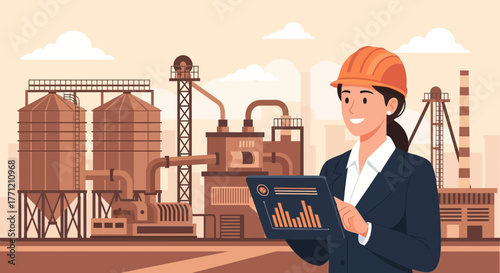 Industrial engineer with tablet overlooking factory performance and production metrics