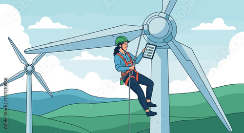 Female engineer inspecting the wind turbines for renewable energy generation