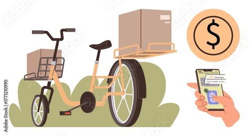 Cargo bike loaded with boxes, smartphone showing payment app, dollar sign. Ideal for logistics, delivery, e-commerce, eco-transport, mobile payment sustainability modern business solutions. Simple