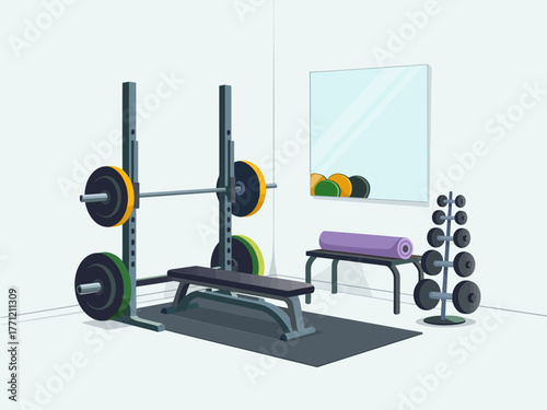 Weight training studio, squat rack with plates, bench press station, dumbbell tree, mirrors, functional fitness room, isometric illustration