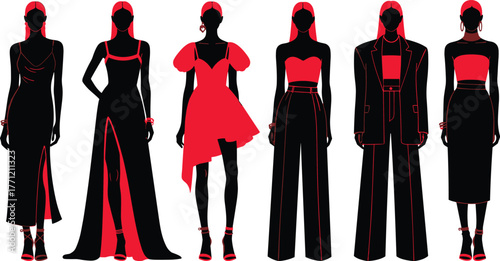 Stylized fashion illustration of women, red and black outfit, elegant clothing, modern style, vector art, chic pose, isolated design