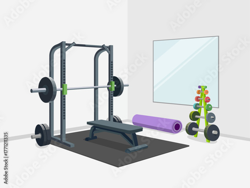 Compact home gym, half rack system, loaded barbells, foam roller and mat, dumbbell set, efficient strength training vector