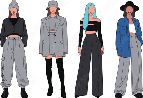 Stylized fashion illustration of trendy women, modern outfit, streetwear, character design, vector art, diverse style, isolated pose, casual look