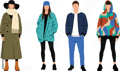 Stylized fashion illustration of trendy people, winter outfit, layered clothing, modern style, character design, vector art, casual look, isolated pose