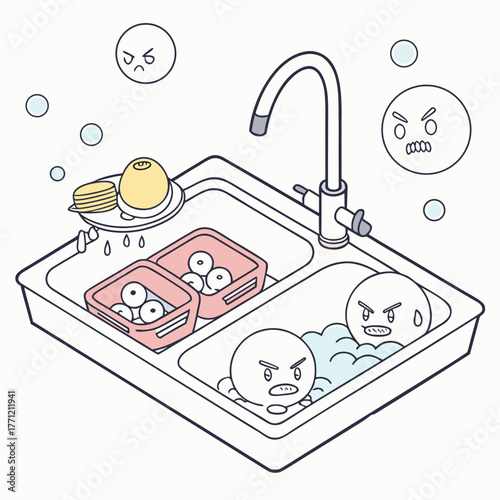 Cartoon illustration of an angry kitchen sink with grumpy dishes and bubbles, depicting a humorous take on dishwashing chores.