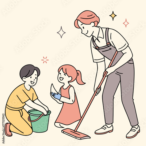 A happy family, an adult and two children, cleaning their home together with a mop, bucket, and cloth.