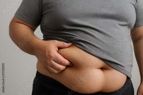 Overweight person pinching excess belly fat, symbolizing health, diet, and weight loss concepts