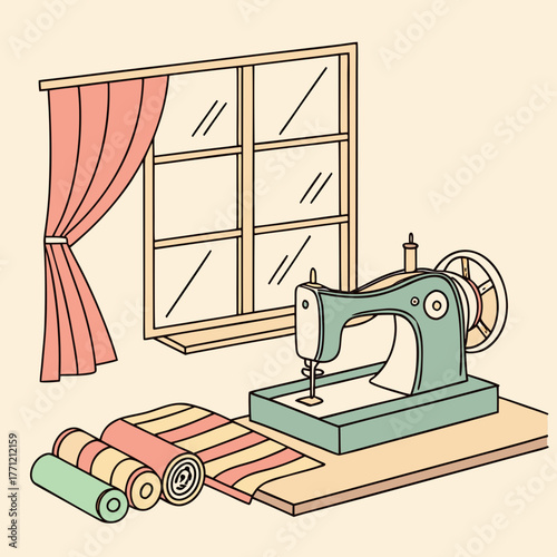 Vintage sewing machine on a table with rolls of fabric next to a sunlit window.