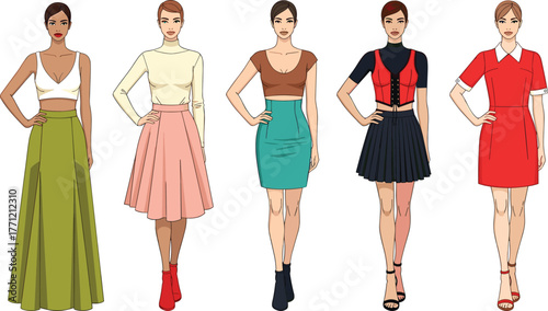 Stylish women, crop top fashion, skirt outfit, semi-formal look, character design, trendy clothing, vector art, fashion diversity, modern style, lifestyle pose