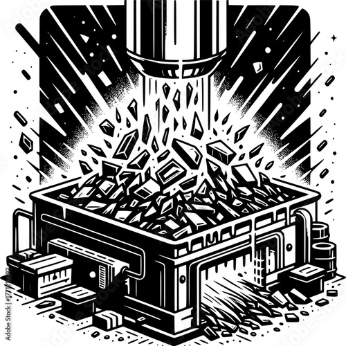 Explosive Industrial Processing: A bold illustration capturing a dynamic scene of raw materials undergoing intense industrial processing, with fragments showering down.