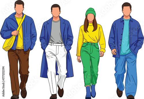 Stylish people, colorful outfits, fashion diversity, casual clothing, jacket and coat, shoulder bag, beanie style, vector art, lifestyle pose, trendy look
