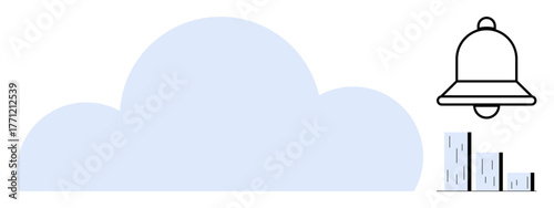 Blue cloud with a bell above bar chart indicating notifications and analytics. Ideal for cloud computing, data analysis, business alerts, notifications, technology, data security, simple flat