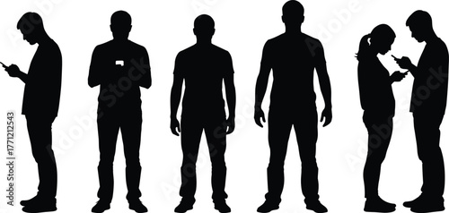Silhouette people, smartphone usage, digital interaction, mobile behavior, tech posture, modern lifestyle, vector art, communication habits, minimal design, social concept