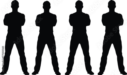 Silhouette posture, arms crossed, standing pose, symmetrical lineup, minimal design, black figure, identity concept, vector art, repetition, visual rhythm