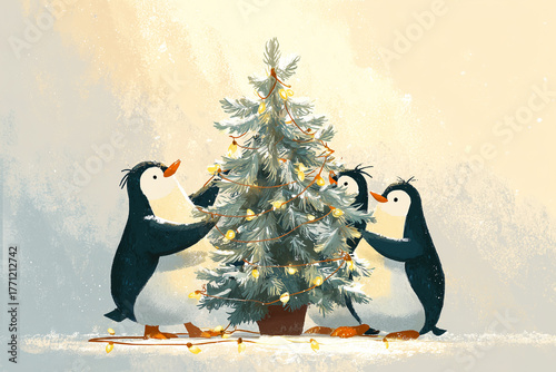 Penguins decorating a Christmas tree with lights. Fun Winter Holiday Illustration.