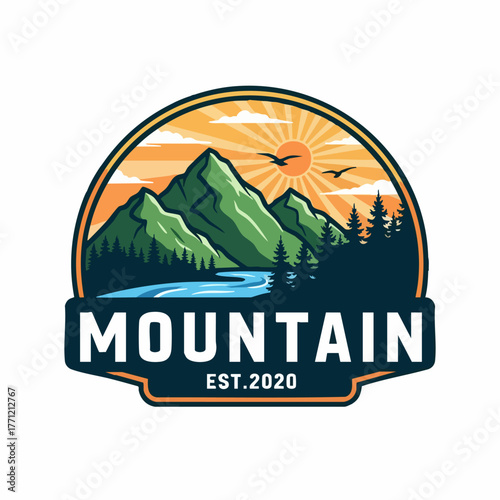 Mountain Landscape Logo with Sunset and River.