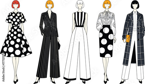 Monochrome fashion, stylish women, polka dot dress, pinstripe suit, plaid coat, bold patterns, high heels, vector art, fashion design, elegance