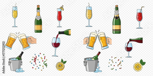 A collection of various alcoholic beverages and celebratory elements.