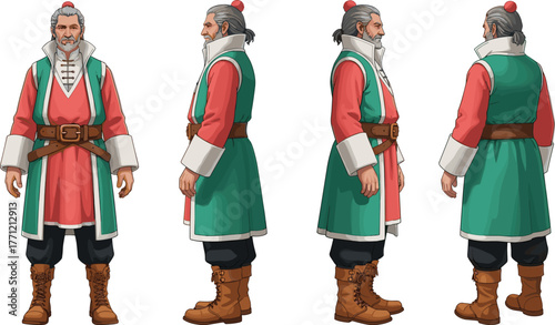 Male character turnaround, topknot hairstyle, traditional outfit, animation sheet, game design, vector art, cultural fashion, concept art, character modeling, stylized pose