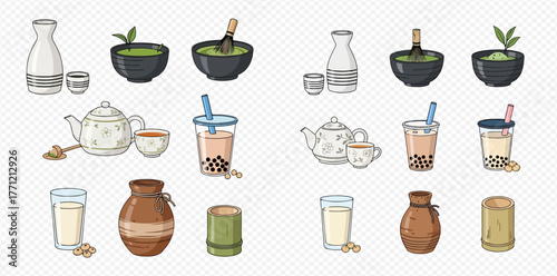 Illustrations of various beverages including tea, sake, and boba drinks.