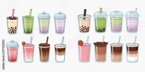 Illustration of various bubble tea and other drinks in plastic cups with straws.