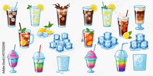 Illustration of various beverages, ice cubes, and glasses on a transparent background.
