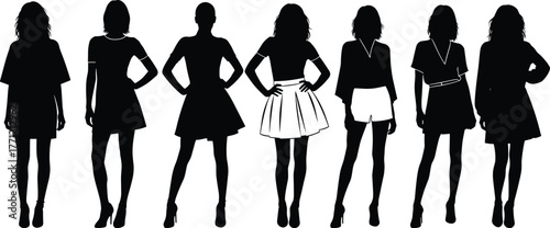 Fashion silhouettes, stylish women, dress and skirt, high heels, posture variety, vector art, minimal design, character lineup, fashion diversity, lifestyle pose