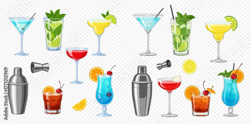 A variety of colorful cocktails and bar tools are arranged on a transparent background.