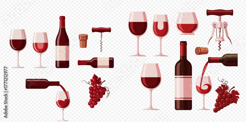 Illustration of wine glasses, bottles, corks, corkscrews, and grapes on a transparent background.