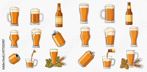 Illustration of various beer glasses, bottles, and cans filled with beer.
