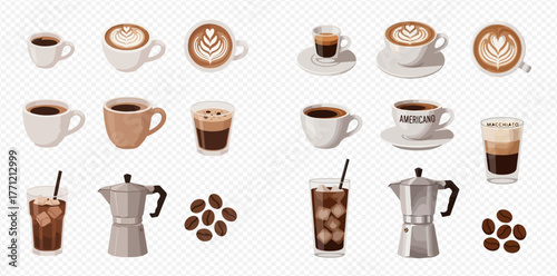 A collection of coffee drinks and coffee making equipment on a transparent background.