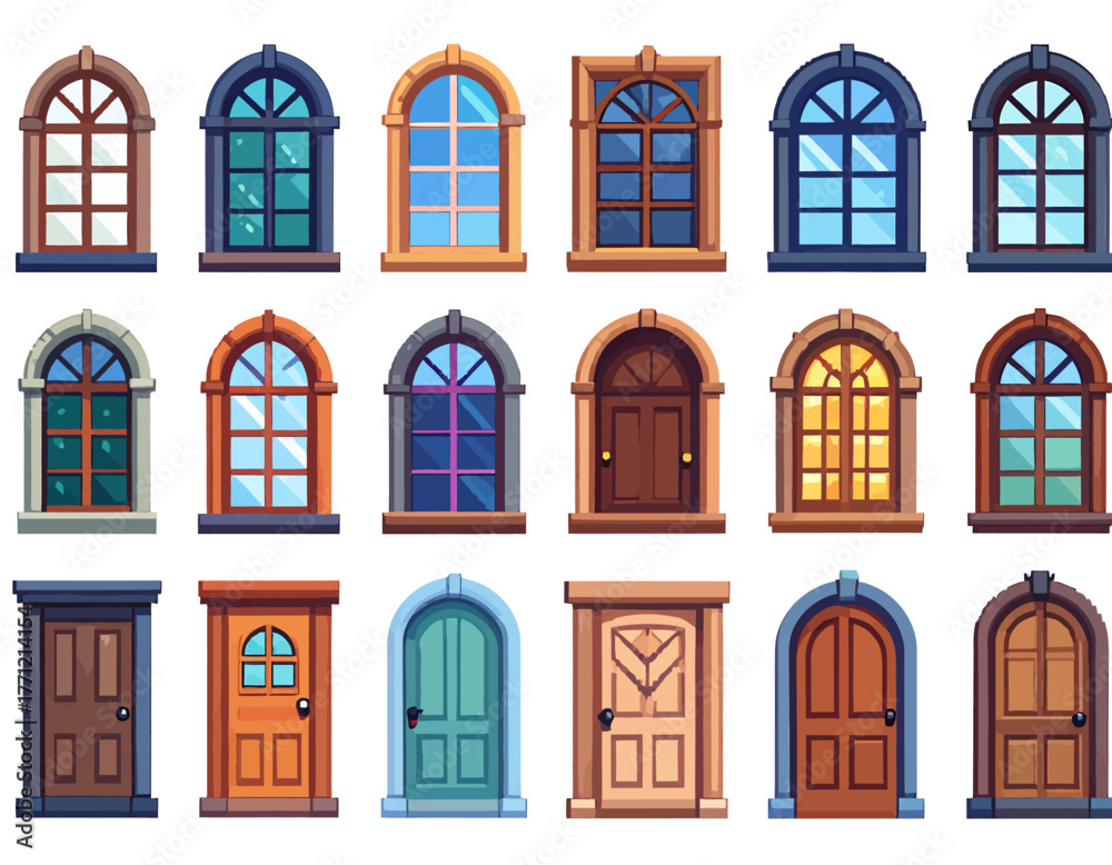 Naklejka premium A collection of various cartoon-style windows and doors, featuring different shapes, colors, and designs for architectural elements.