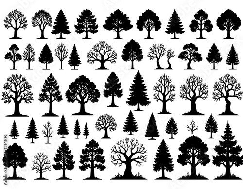 A comprehensive collection of black silhouette tree icons, showcasing diverse shapes and species of trees, suitable for graphic design resources.