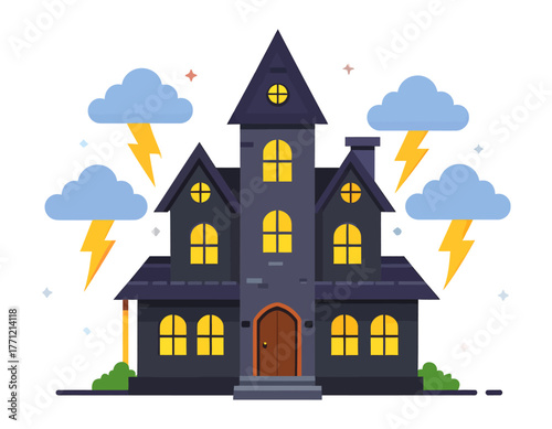 Spooky haunted house with glowing windows under a stormy sky with lightning bolts, flat illustration.