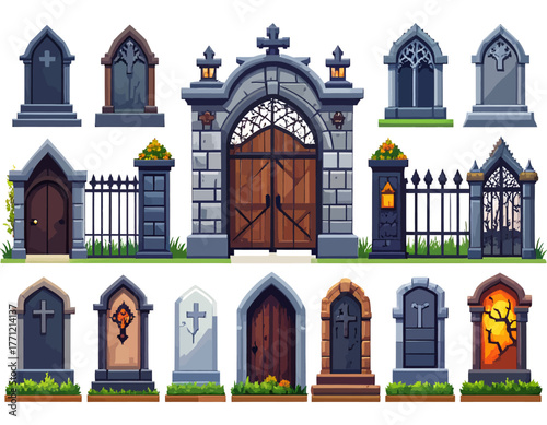 Pixel art collection of gothic cemetery elements including gravestones, ornate gates, arched entrances, and decorative windows.