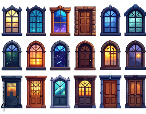 A collection of stylized windows and doors in various architectural designs and settings.