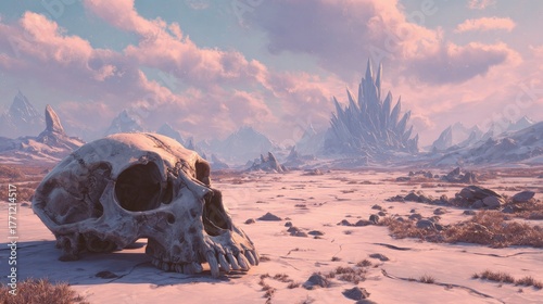 Pale Pink Snowy Landscape With Ancient Skull And Crystal Ruins