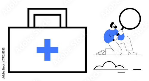 Large first aid kit with blue cross and person in blue examining it with magnifying glass. Ideal for healthcare, medical research, diagnosis, problem-solving, investigation, safety, teamwork. Simple